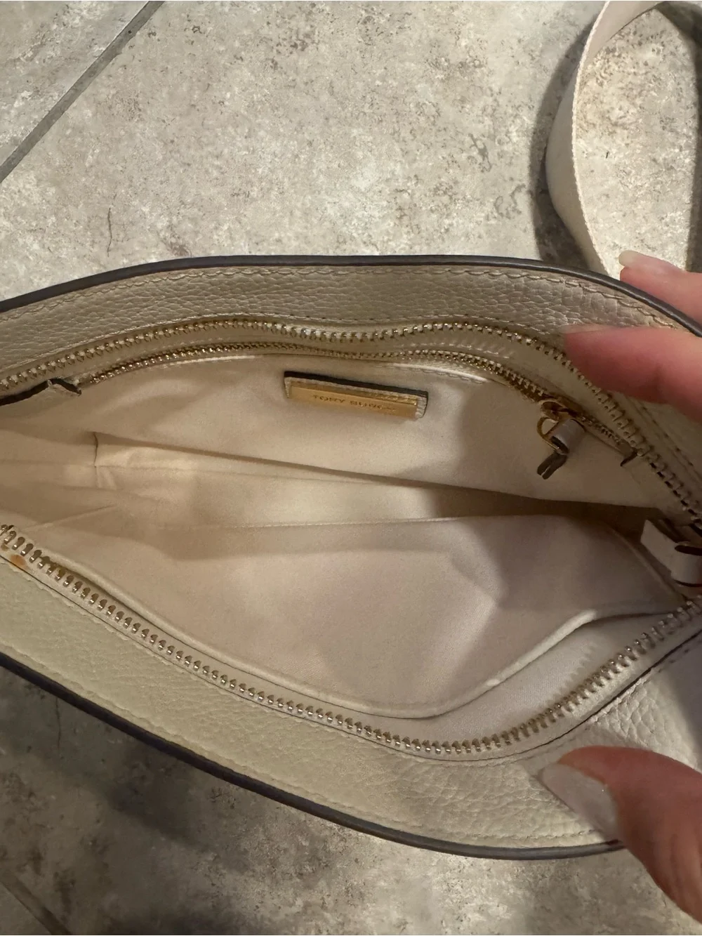 Tory Burch Off-White Pebbled Leather Crossbody with Canvas Strap